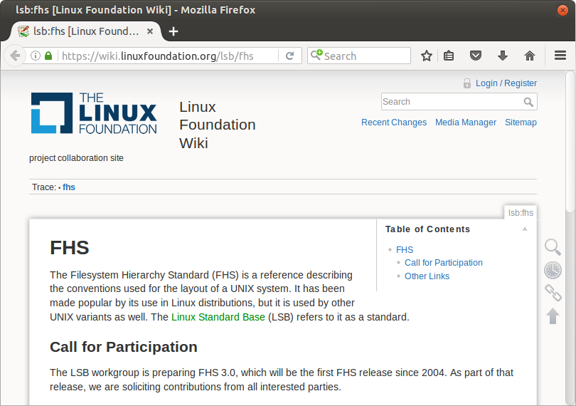 A screenshot of the wiki page for the Filesystem Hierarchy Standard